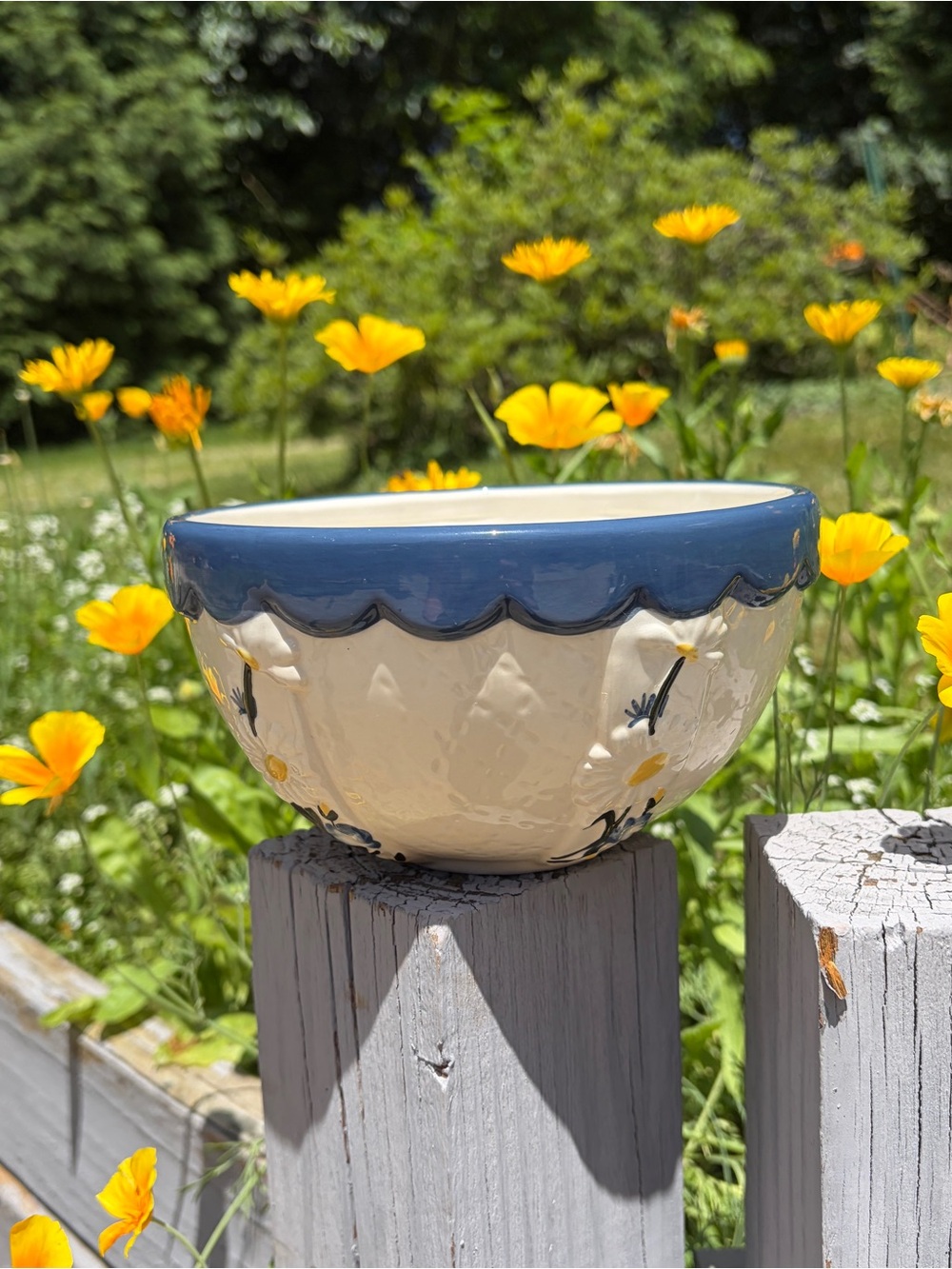 Vintage Ceramic Daisy Embossed Cereal Bowl with Scalloped Blue Rim